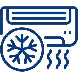 A blue icon of an air conditioner and some steam coming out the side.